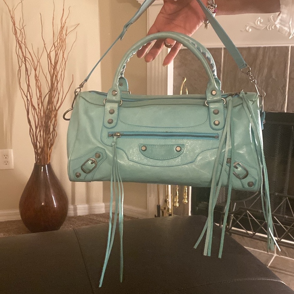 Blue Leather authentic Balenciaga Shoulder Bag with Structured Shape